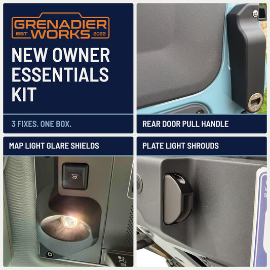 New Owner Essentials Kit for INEOS Grenadier: rear door pull handle, map light glare shields and plate light shrouds, shown fitted